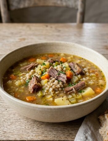 Traditional British Scotch Broth with tender lamb, pearl barley, carrots, swede, leeks, and cabbage in a rich homemade broth