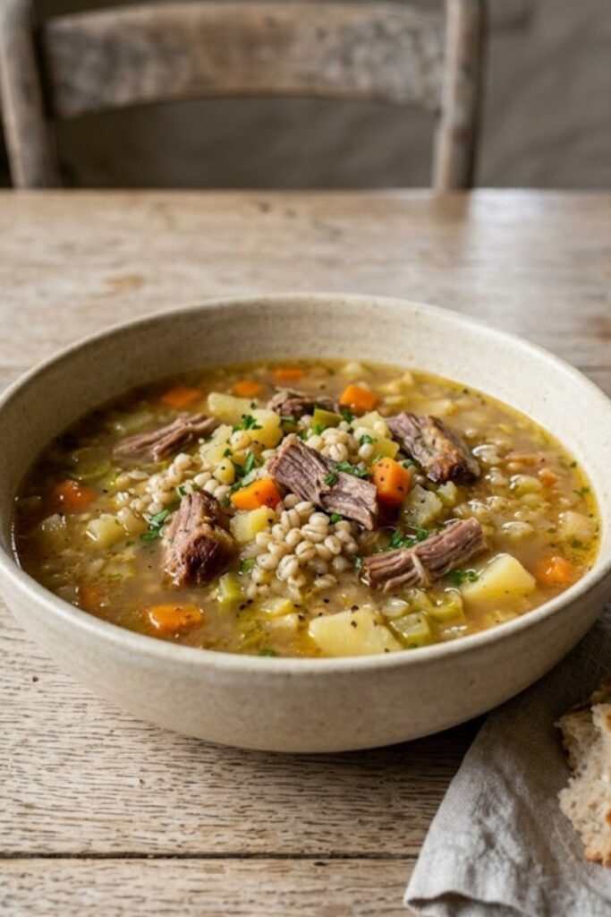 Traditional British Scotch Broth with tender lamb, pearl barley, carrots, swede, leeks, and cabbage in a rich homemade broth