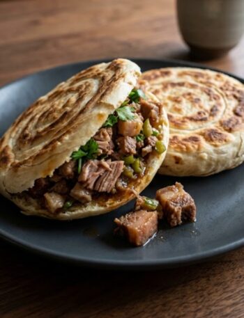 Traditional Chinese Rou Jia Mo filled with tender braised pork, fresh cilantro, and green onions inside golden homemade flatbread.
