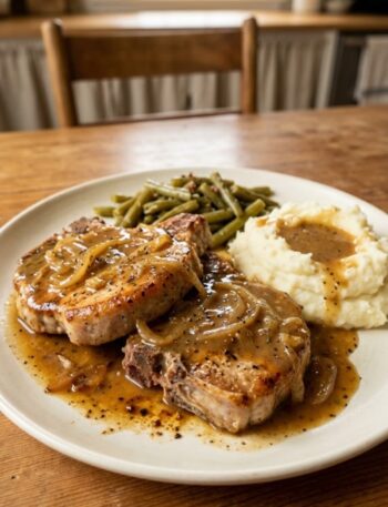 American smothered pork chops topped with rich brown onion gravy in a skillet, served with mashed potatoes and fresh parsley.