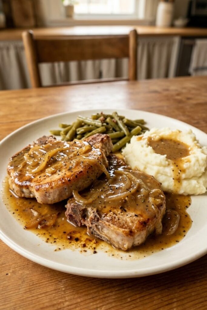 American smothered pork chops topped with rich brown onion gravy in a skillet, served with mashed potatoes and fresh parsley.